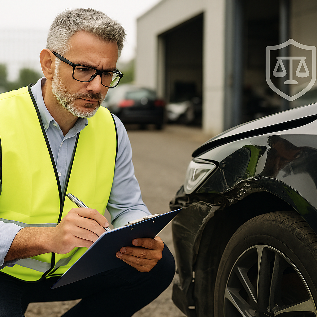 Vehicle expert inspecting car damage for insurance case
