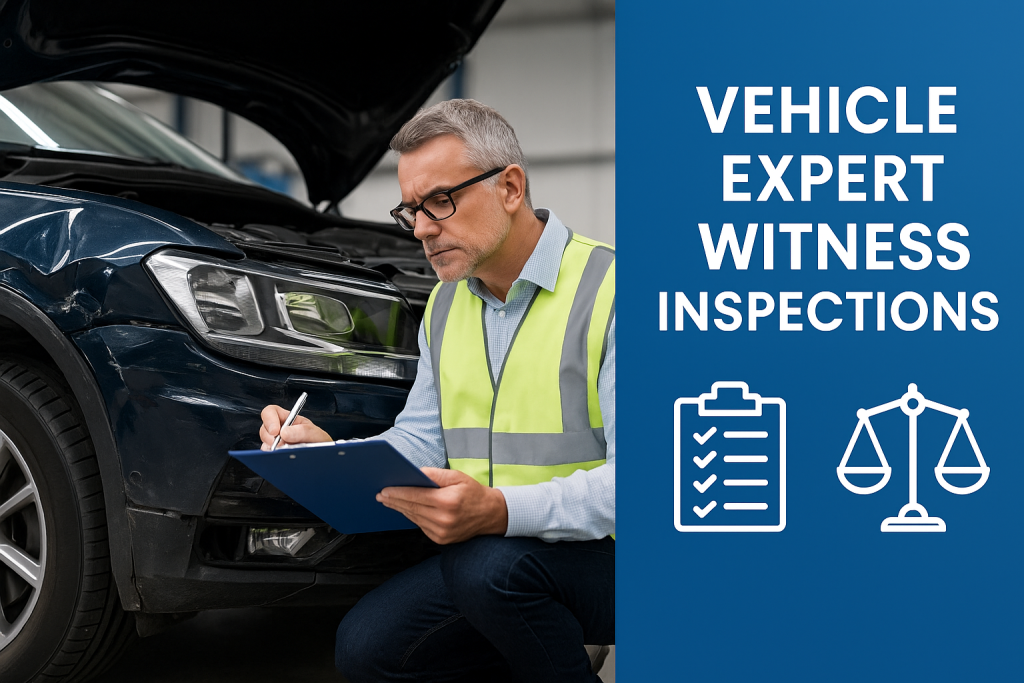 Vehicle expert witness inspecting front-end damage on a car with clipboard, highlighting professional inspection services for personal injury and insurance claims.