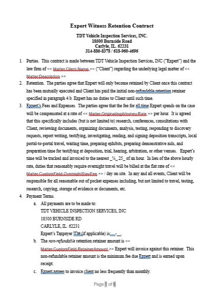 Vehicle Expert Witness Retainer Agreement